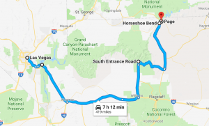 Mapa mostrando um roteiro de road trip saindo de Las vegas, passando pela Barragem Hoover, Grand Canyon, Horsehoe Bend e terminando na cidade de Page. #maps #planos #roteiro