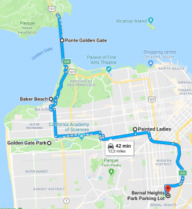 Mapa com um Roteiro de um dia passando por belos pontos de San Francisco, incluindo a Golden Gate e as Painted Ladies. #SanFrancisco Roteiro de 1 dia em San Francisco