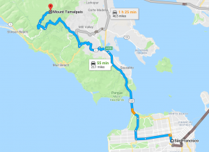 Mapa mostrando o caminho de San Francisco até o Mount Tamalpais.