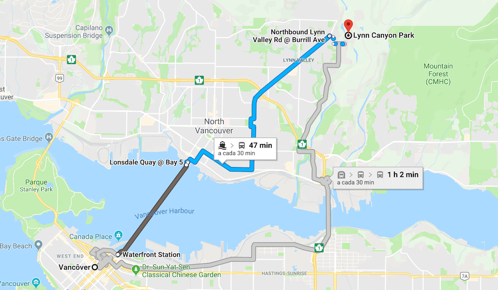 O mapa mostra o caminho do centro de Vancouver até o parque Lynn Canyon, utilizando o transporte público. Saiba mais sobre esse belo parque no link!